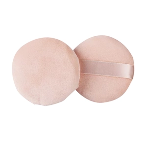Two 9cm large soft velvet makeup puffs in light pink with satin ribbon handles