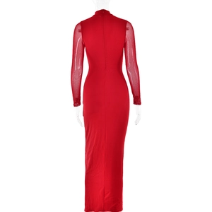Detail of red bodycon dress featuring sheer mesh sleeves and back invisible zipper closure