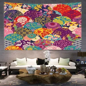 Japanese style tapestry with ukiyo-e floral wave patterns in a cozy living room scene