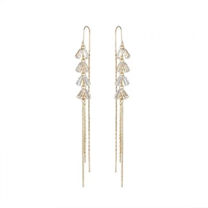 Elegant gold tassel earrings featuring stacked rectangular zircons and long dangling chains
