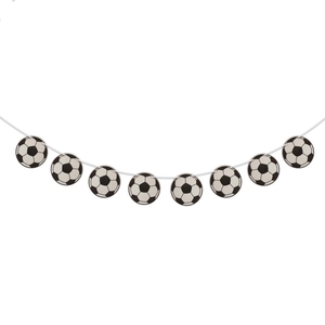 Soccer theme party banner featuring eight black and white paper ball pendants on white string