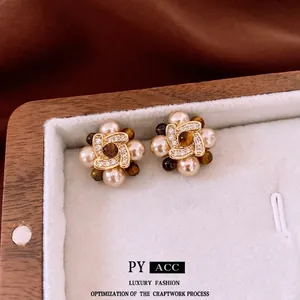 Vintage Flower Stud Earrings With Faux Artificial Pearl Tiger's Eye Zircon Copper 925 Sterling Silver Earring Post Luxury Elegant