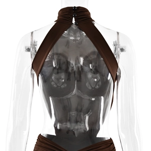 Detail of brown halter neck dress with pleated fabric and decorative buttons