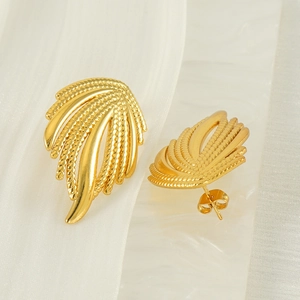 Vintage 18K gold plated stainless steel woven feather earrings for women