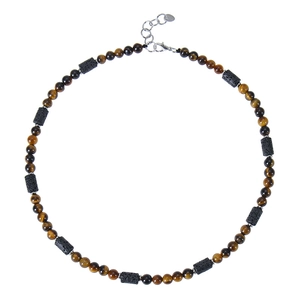 Détail du collier de perles en œil de tigre 6mm et pierre de lave avec fermoir mousqueton argenté