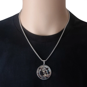 Silver stainless steel box chain necklace with religious portrait medallion for men