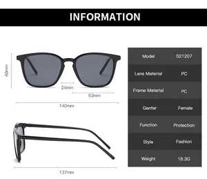 Detailed size chart for square sunglasses showing lens width and frame dimensions