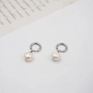 Elegant silver hoop earrings with white freshwater pearls and sparkling zircon accents