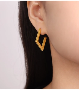 Macro detail of gold geometric square earrings with textured vertical stripe grooves