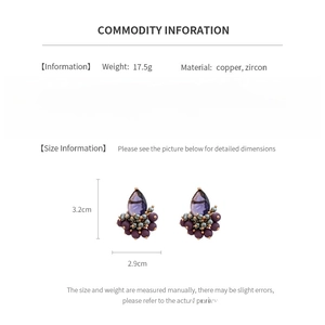 Detailed size and material chart for purple teardrop zircon earrings with silver needles