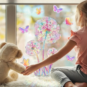 Rainbow dandelion butterfly window film casting colorful shadows in a sunlit room