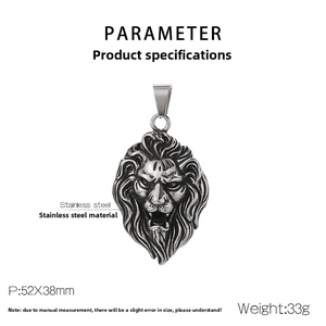 Detail view of retro stainless steel lion head pendant with 52x38mm dimensions and 33g weight