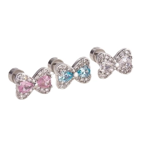 Bow-shaped titanium steel earrings set with pink, blue and white gemstones on white background