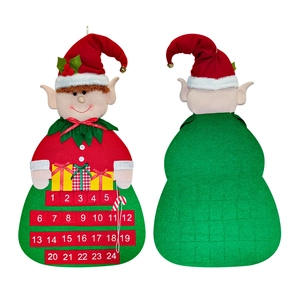 Detail showing red and green felt Christmas elf advent calendar with 24 date pockets