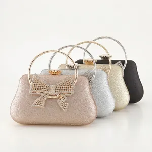 Evening Clutch Bag Rhinestone Bowknot Glitter Sequin Formal Wedding Party Metal Round Handle For Women