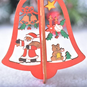 3D laser-cut red wooden Christmas bell ornament with festive Santa and bear prints