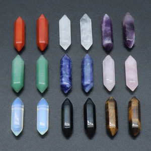 Set of 18 double-pointed hexagonal crystal prisms in nine assorted natural gemstones