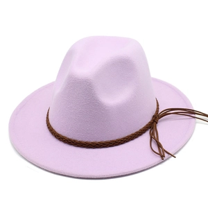 Detail view of light purple wool fedora hat with dark brown braided tassel band decoration