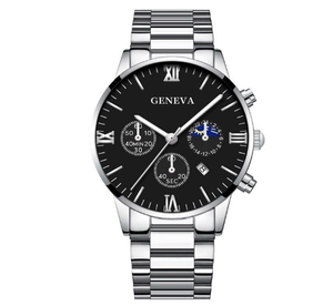 Detail of silver stainless steel watch dial with Roman numerals and three sub-dials