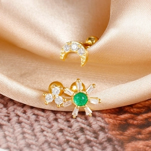 Stainless Steel Zirconia Moon Star Flower Stud Earring Set For Women Gold Silver Plated Green Stone Piercing Jewelry
