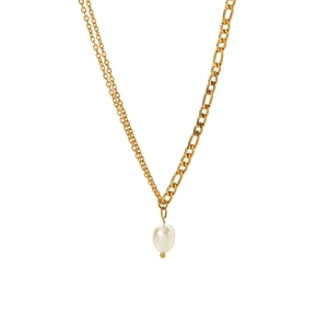 Double strand 18K gold titanium steel necklace with white baroque pearl for women