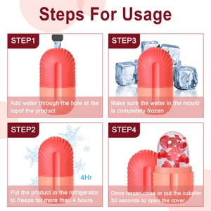 Visual guide showing 4 steps for using the silicone facial ice mold for skin care