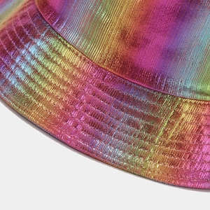 Close-up of rainbow laser bucket hat with vertical texture and multi-line reinforced brim