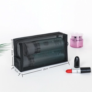 Detail view of black mesh makeup bag with 18x6x10cm dimensions and zipper closure