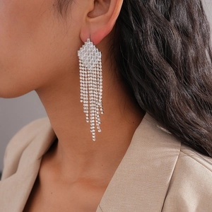 Close-up of sparkling zircon tassel earrings with silver geometric studs on a model