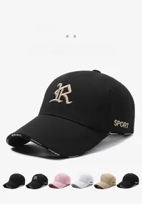 Detail of 3D embroidered R letter on a structured baseball cap with various color options