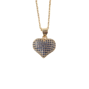 Elegant gold-plated copper heart pendant necklace with blue pavé cubic zirconia