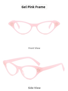 Macro view of jelly pink cat-eye frame with sparkling rhinestone details and clear lenses