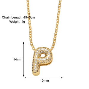Detail view of gold letter P pendant necklace with white zircons and size specifications