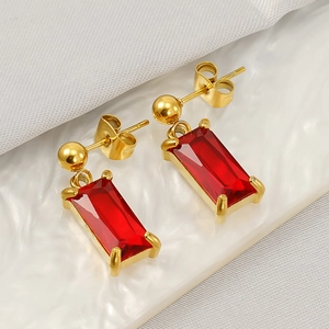 18K gold plated stainless steel drop earrings with faceted ruby red zircon gemstones