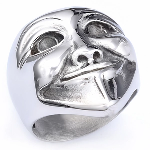 Silver punk stainless steel ring with a detailed clown mask embossed design for men