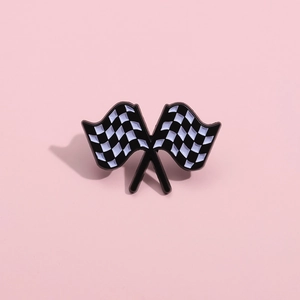 Vintage checkered racing flags enamel pin in black and white metal finish