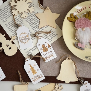 Rustic wood Christmas tree ornaments set with snowflake and star shapes for DIY crafts