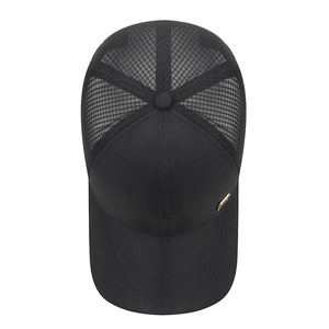 Overhead view of black breathable mesh baseball cap with side gold metal plate