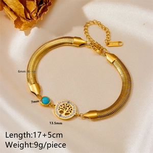 18K gold plated tree of life bracelet with turquoise bead on champagne satin