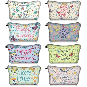 Butterfly Flower Print Makeup Bag Polyester Zipper Cosmetic Pouch Portable Travel Organizer For Women Daily Use