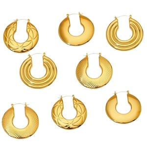 Chunky gold-plated hollow hoop earrings set with varied geometric textured finishes