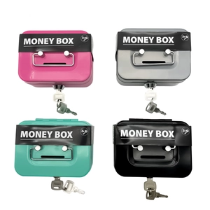 Four portable metal money boxes in pink, grey, green, and black with keys