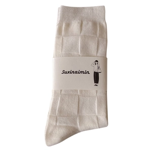 Japanese style white checkered crew socks with vertical knit stripes and packaging