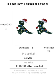 Detailed size chart showing 5cm acrylic Christmas dinosaur earrings with S925 silver needles