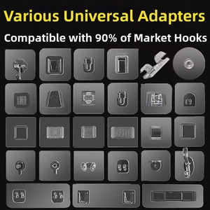 Detailed collection of 28 universal self-adhesive wall hooks and mounting plates in PVC