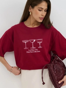 Γυναικείο Βαμβακερό T-Shirt Μπορντό Κοντομάνικο Στρογγυλή Λαιμόκοψη Oversized Γραφικό Σχέδιο Καλοκαιρινή Μπλούζα
