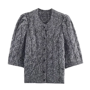 Gilet En Maille Femme Gris Chiné Manches Bouffantes Boutonné Manches Courtes Style Rétro Français Doux