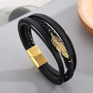 Men's multilayer leather bracelet with gold feather charm and magnetic steel clasp