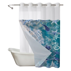 Marine dolphin shower curtain with detachable double rings and hand-drawn ocean patterns