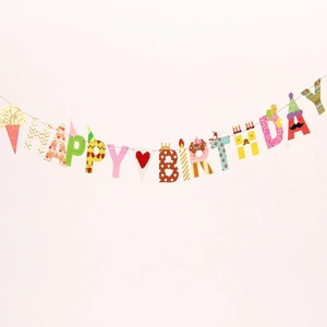 Colorful Happy Birthday banner with cute cartoon cake and candle icons for party decor